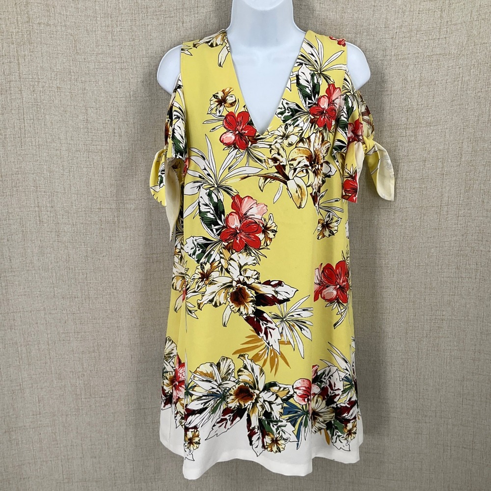 Zara Basic Collection Dress Womens S Yellow Tropical Cold Shoulder Resort Travel